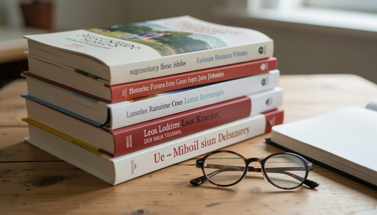 A stack of French-language books on a wooden table, with a pair of glasses and a notebook beside them.