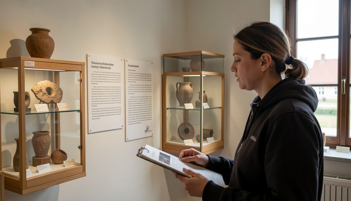 A visitor reading a wall label in a small museum room with display cases of local artifacts.