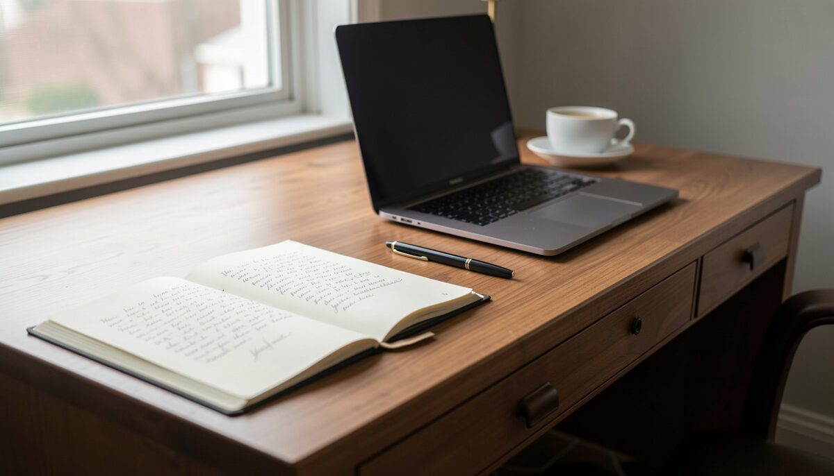 A writer's desk with handwritten notes, a laptop, and a cup of coffee, soft daylight from a window.