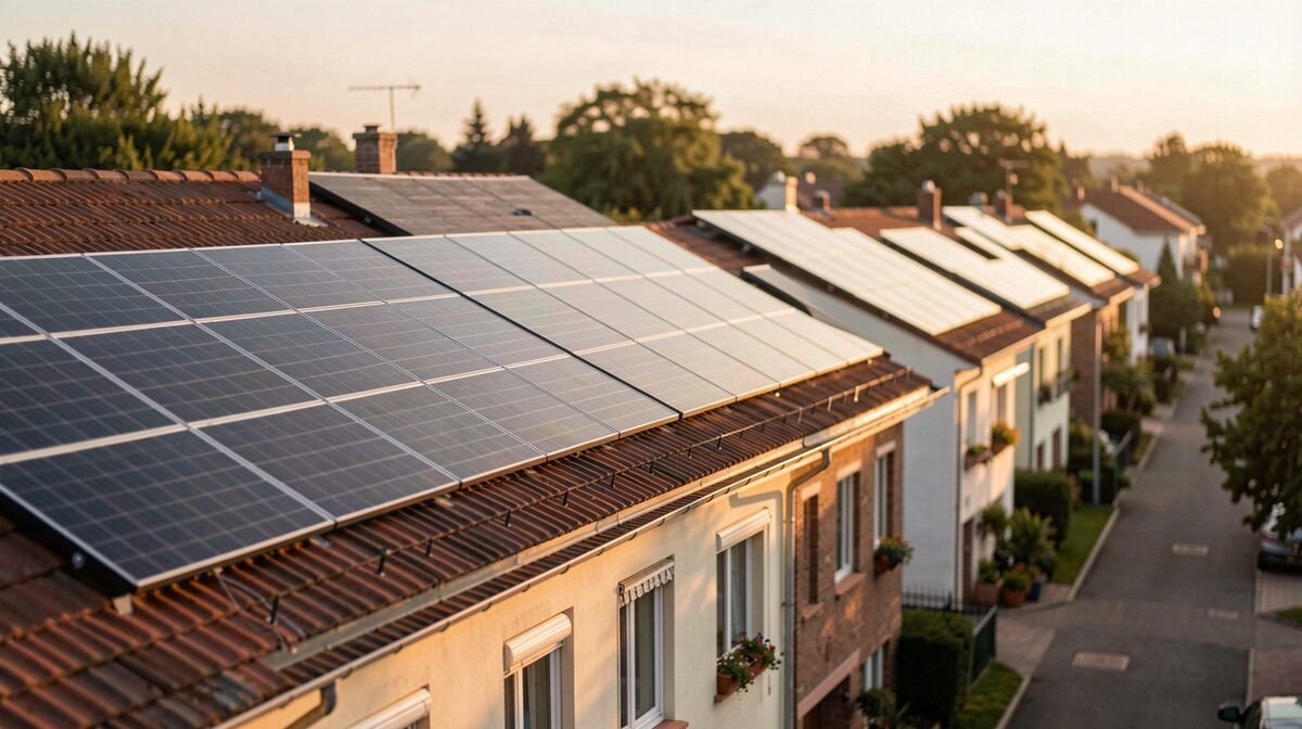 Des toits de maisons équipés de panneaux solaires vus depuis une rue résidentielle, en fin d'après-midi, lumière chaude rasante, cadrage horizontal mettant en valeur les rangées de panneaux.