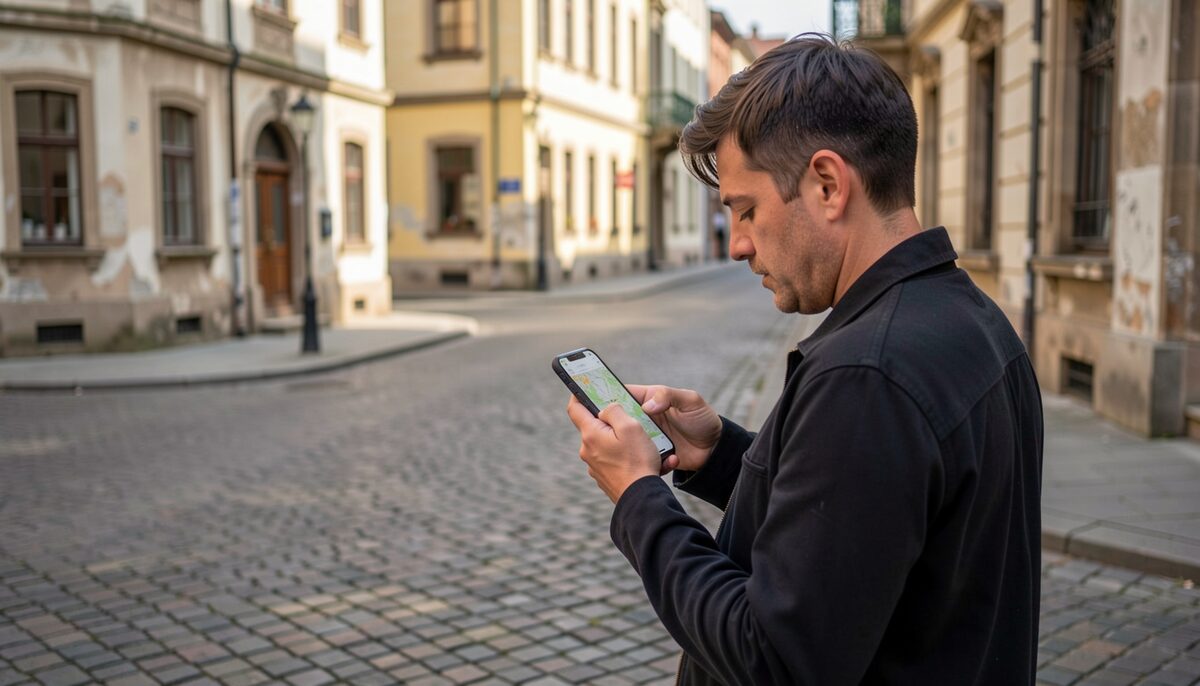 A person standing on a cobblestone street corner, looking at a smartphone with a map application, old buildings around.