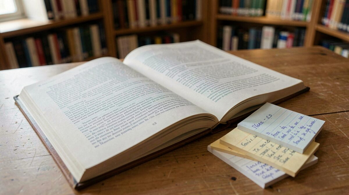 Sur une table de bibliothèque, un magazine imprimé ouvert à côté de fiches manuscrites, lumière naturelle latérale d'après-midi, cadrage serré sur les pages et les notes.