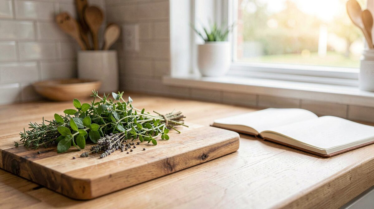 Une cuisine domestique lumineuse le matin, plan serré sur une planche en bois avec des herbes fraîches et un carnet ouvert à côté d'une fenêtre.