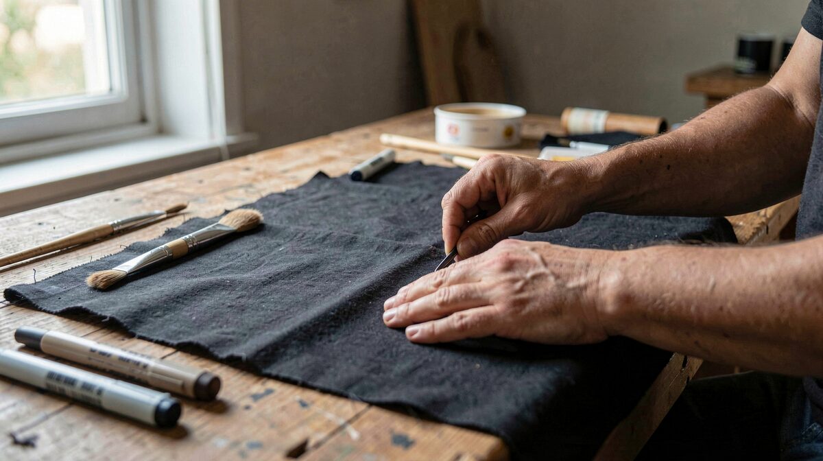 Une table de travail en bois éclairée par la lumière d'une fenêtre, avec un tissu foncé tendu, des pinceaux et des feutres textiles, cadrage rapproché sur les mains d'une personne transférant un motif.