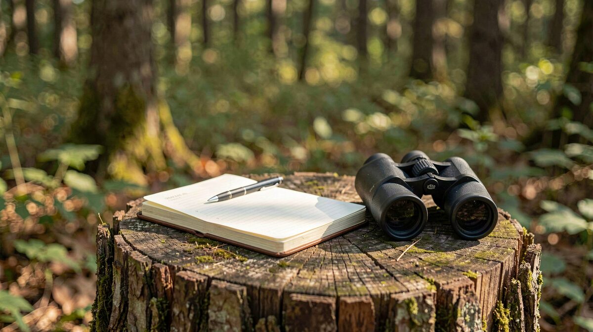 Un carnet de notes posé sur une souche en forêt, à côté de jumelles, sous une lumière douce du matin, cadrage serré.