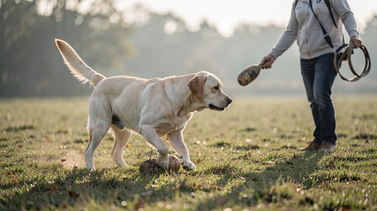 Un terrain d'entraînement au petit matin, un labrador rapportant un dummy à son conducteur, cadrage à hauteur de chien, lumière douce.