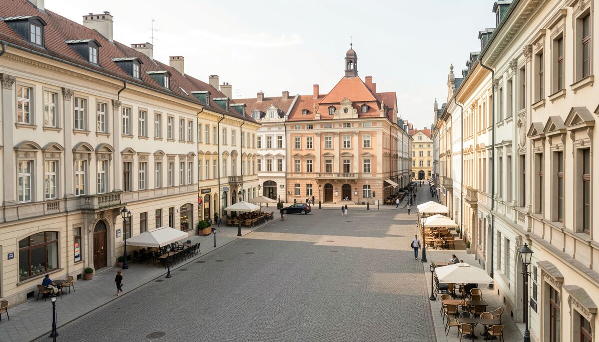 A view of a city square with buildings from different centuries, seen from a slightly elevated point.