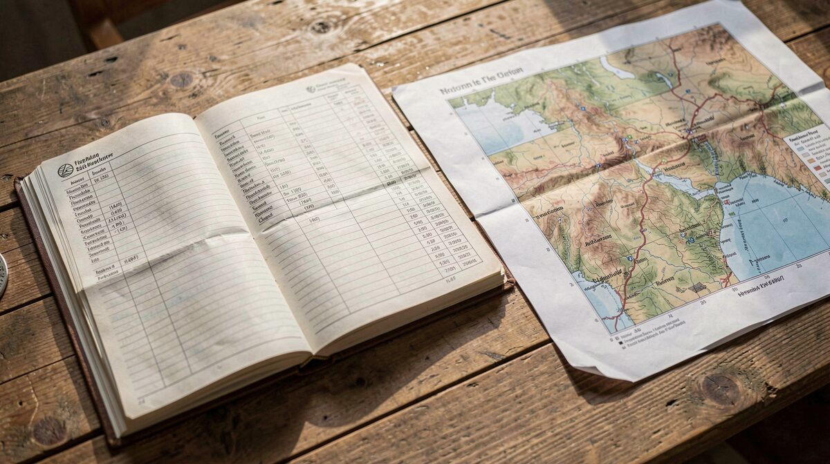 Un registre de ferme ouvert sur une table en bois, à côté d'une carte topographique annotée, sous une lumière naturelle de fin de matinée, cadrage rapproché en plongée légère.