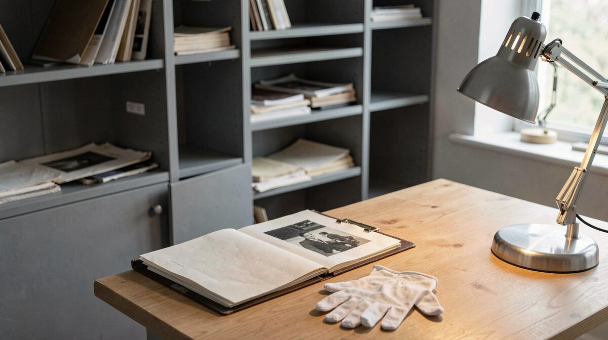 Salle de consultation d'archives photographiques, rayonnages gris en arrière-plan, une paire de gants en coton blanc posée à côté d'un recueil de planches sur une table éclairée par une lampe d'archiviste, cadrage rapproché en plongée légère.