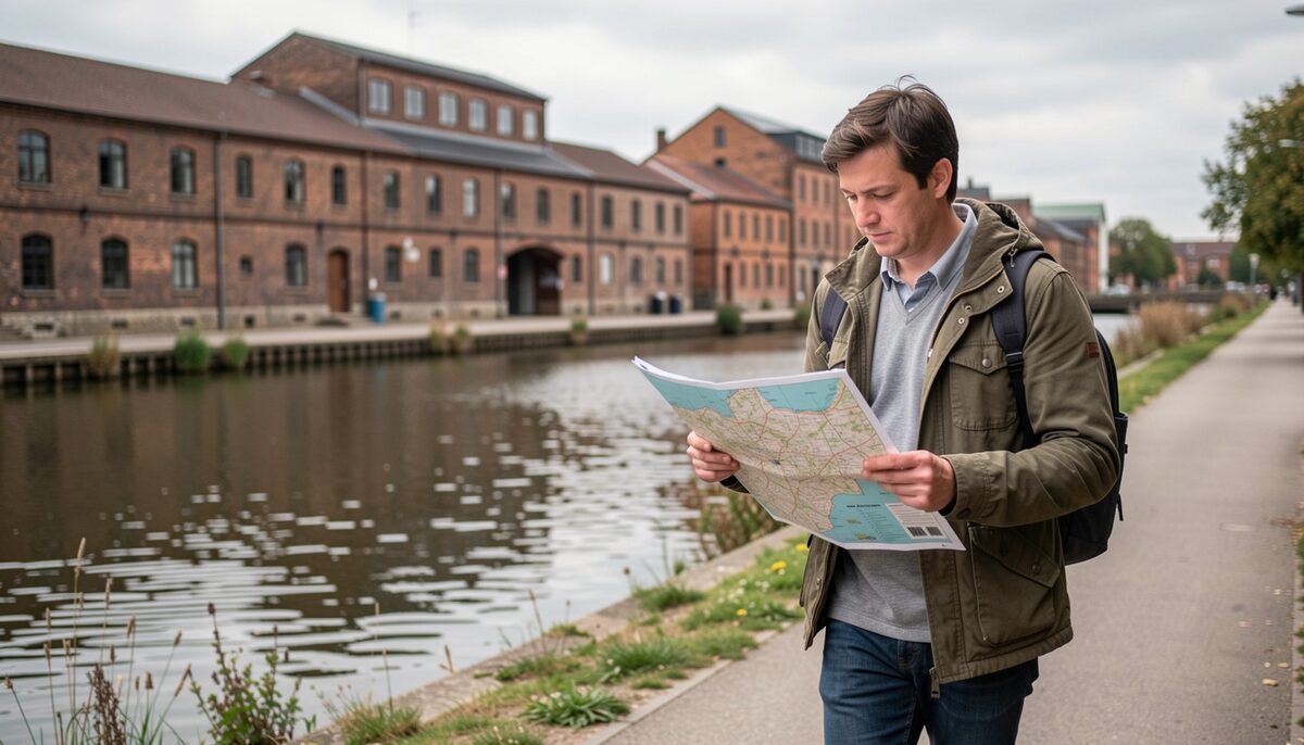 A person walking along a canal towpath with old brick factory buildings in the background, holding a printed map.