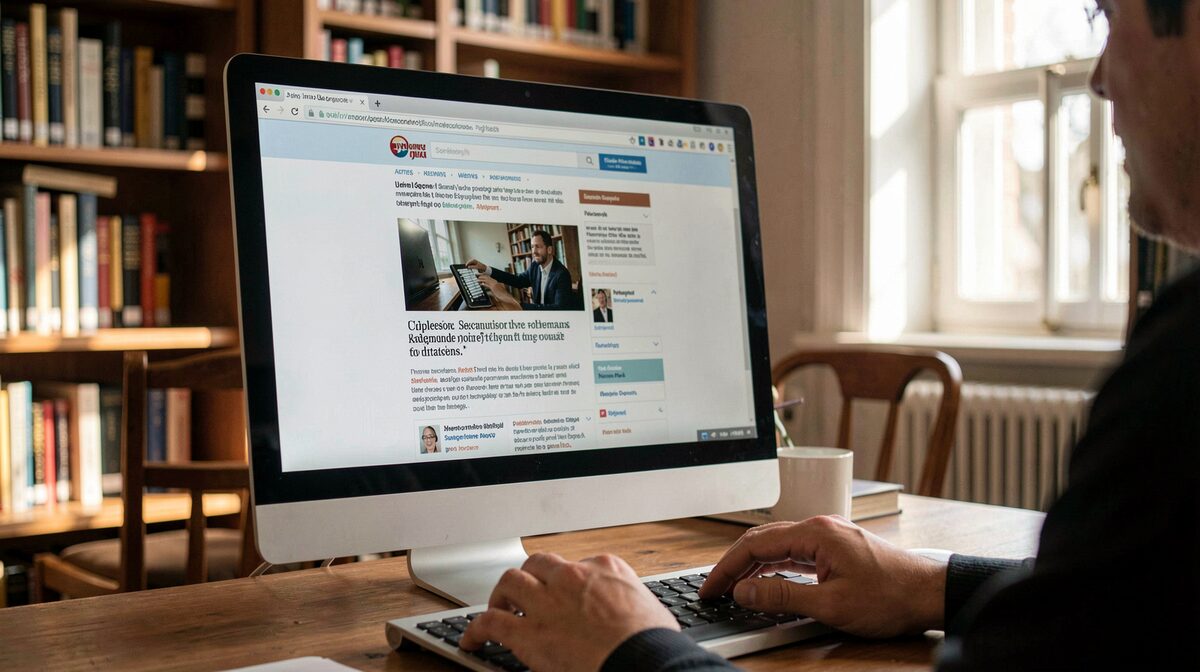 Un écran d'ordinateur affichant une page archivée, dans une bibliothèque silencieuse, lumière douce d'après-midi, cadrage rapproché sur l'écran et les mains du lecteur.