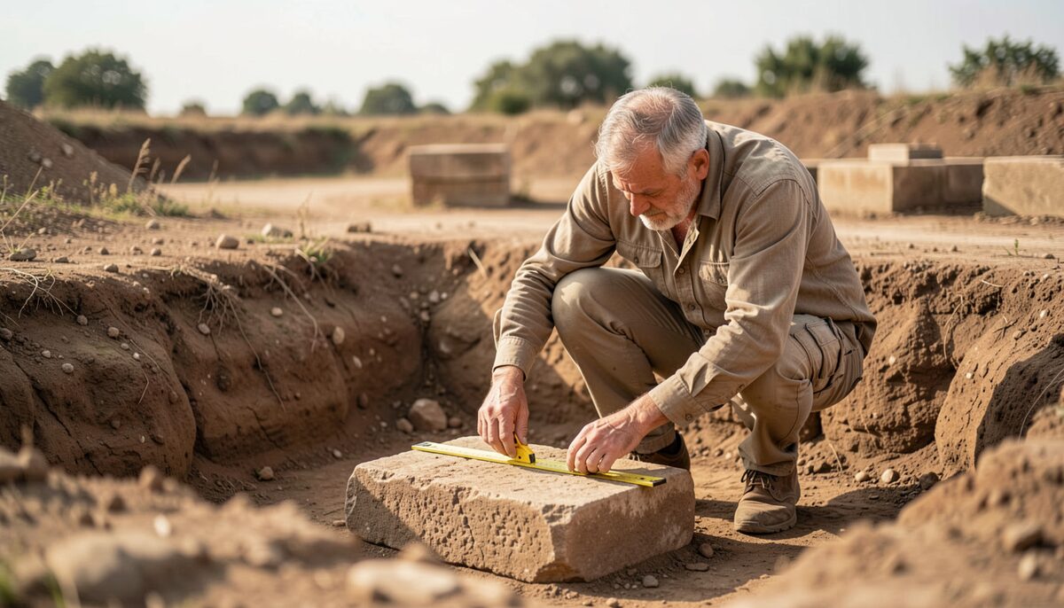 An archaeologist crouching in a shallow excavation pit, measuring a stone foundation with a folding ruler.
