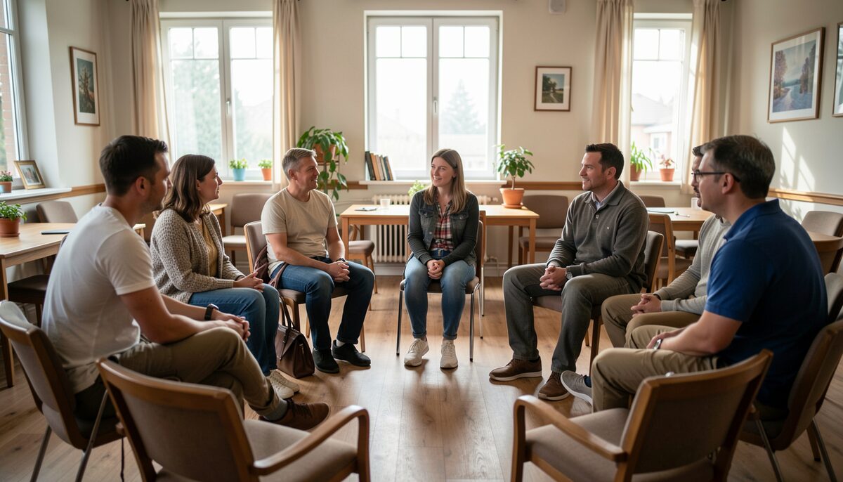 A small group of people sitting in a circle in a community hall, one person speaking while others listen.